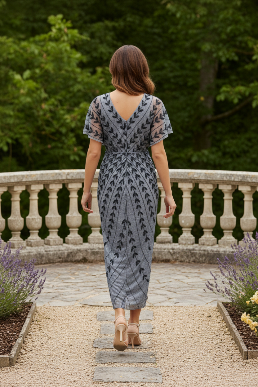 Beaded V-Neck Wrap Midi Dress with Flutter Sleeves