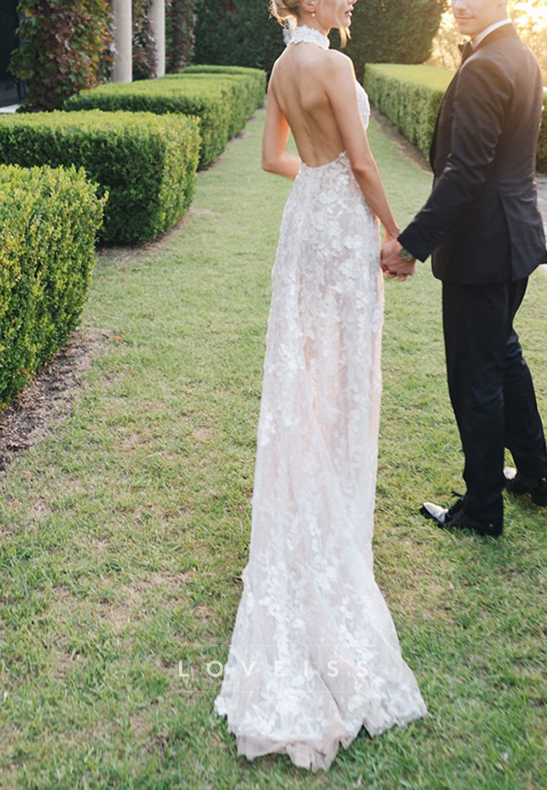 High Neck Lace Open Back Wedding Dress