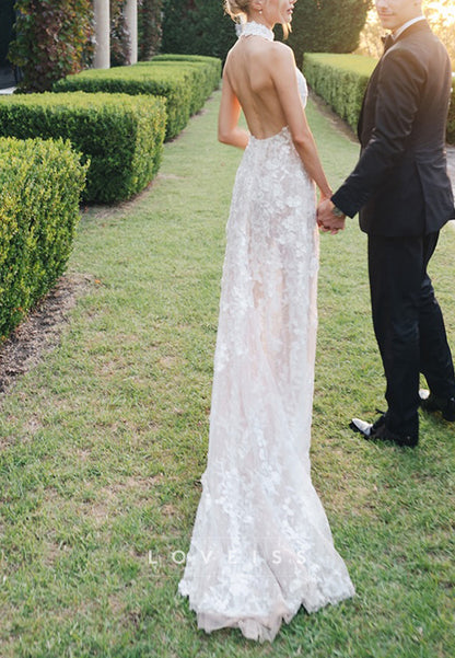 High Neck Lace Open Back Wedding Dress