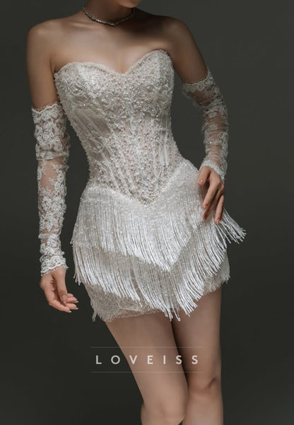 Corset Beaded Fringe Mini Dress with Sleeves