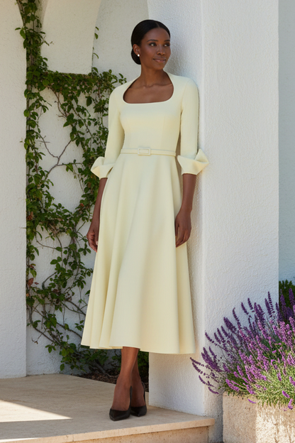 Square Neck Belted Midi Dress with Statement Cuffs