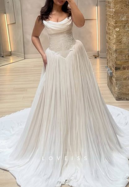 Strapless Cowl-Neck Pleated Wedding Gown with Lace Waist