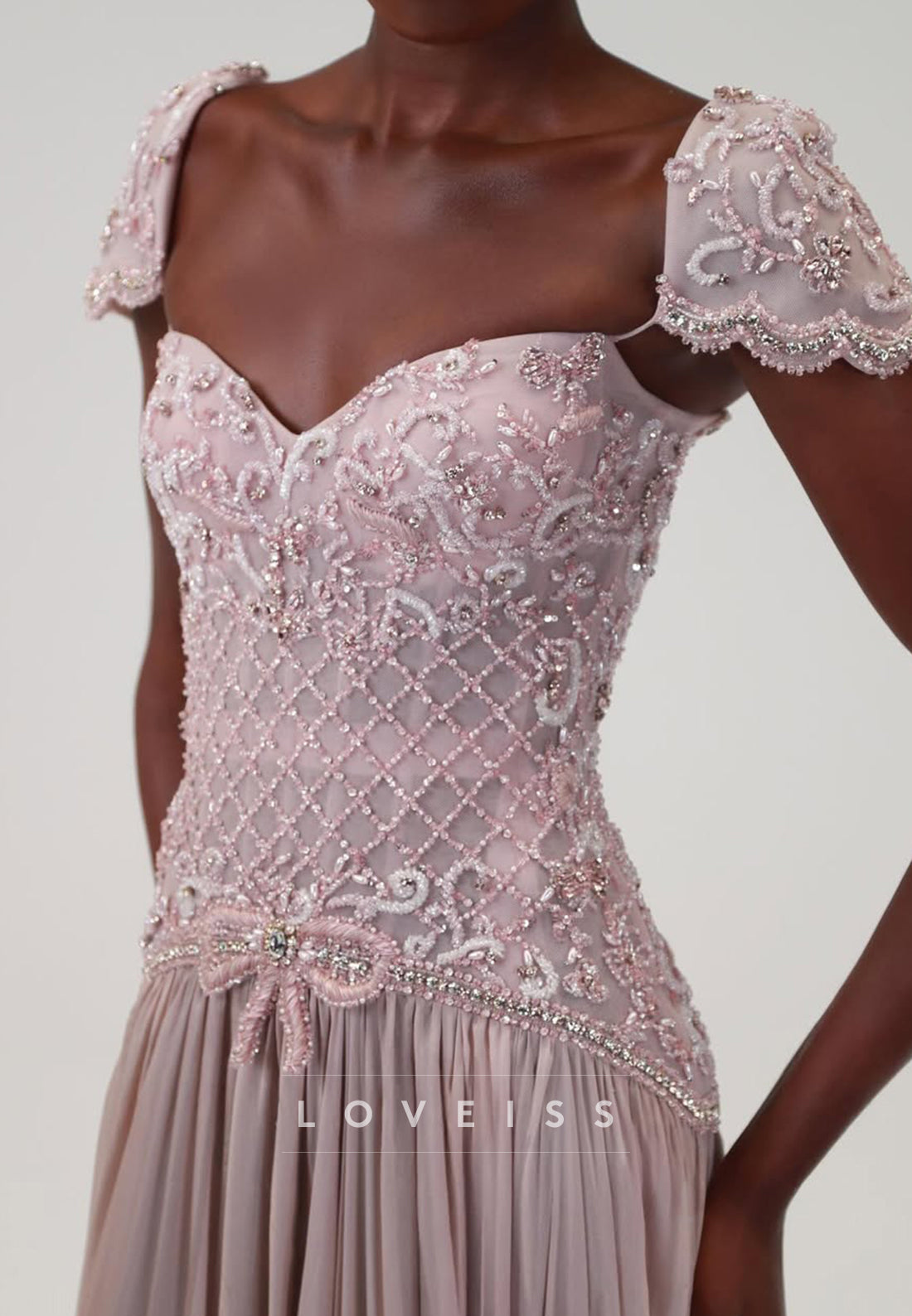 Beaded Lattice Bodice Gown with Scalloped Cap Sleeves