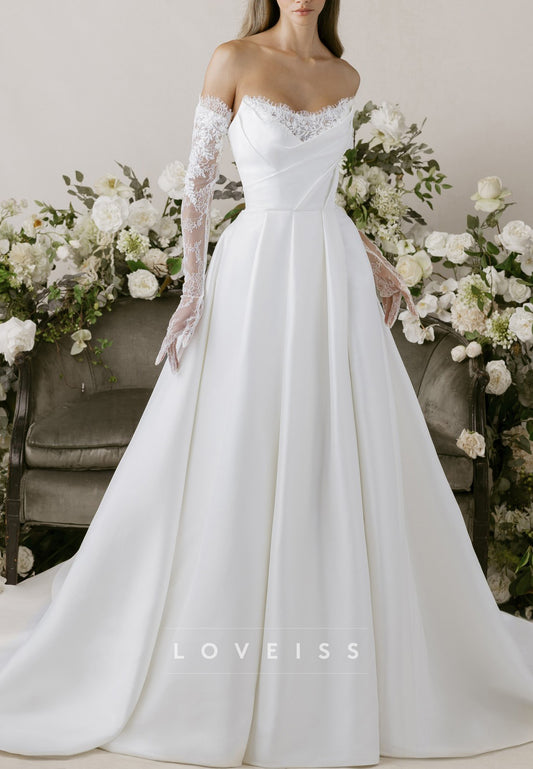 Off Shoulder Lace Sleeve A-Line Wedding Dress with Train