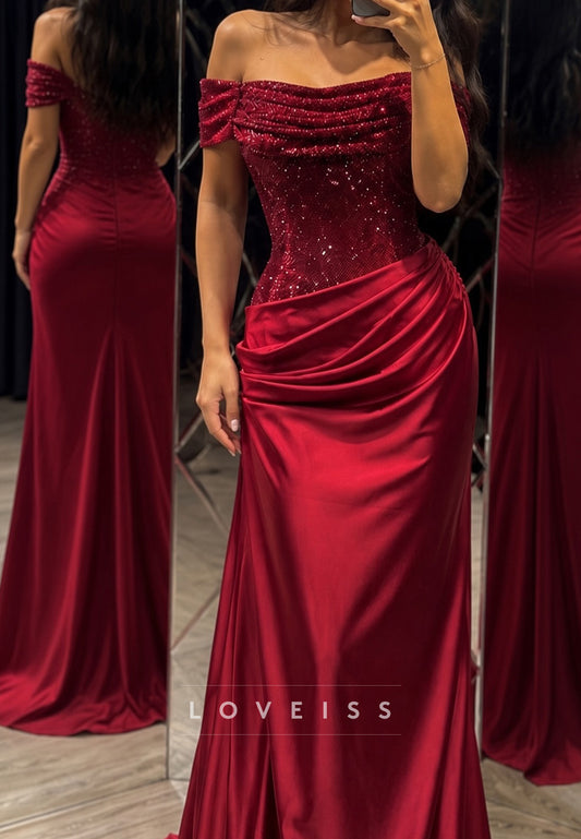 Off-the-Shoulder Sequin Bodice Draped Satin Gown