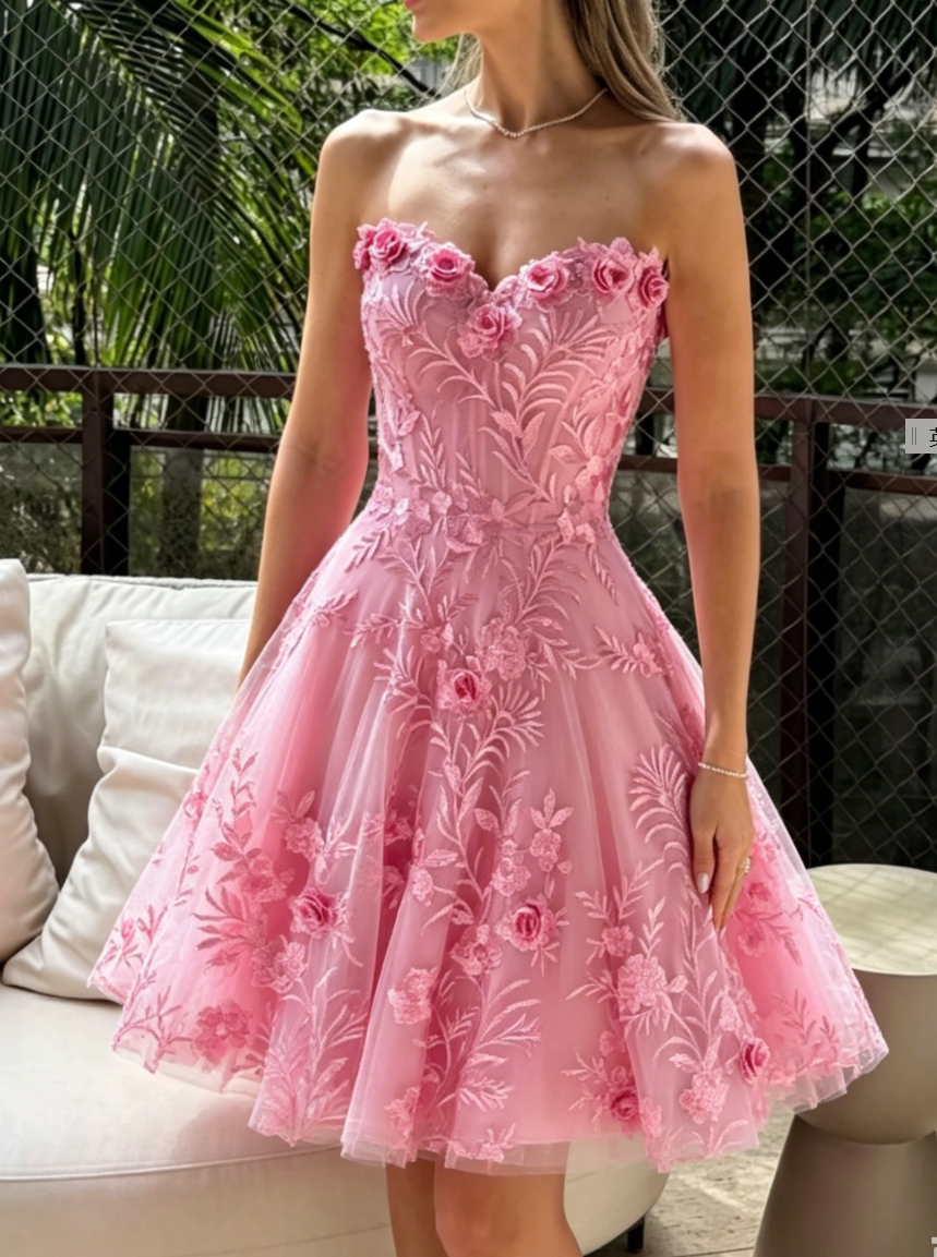 Strapless 3D Floral A-Line Short Prom Dress