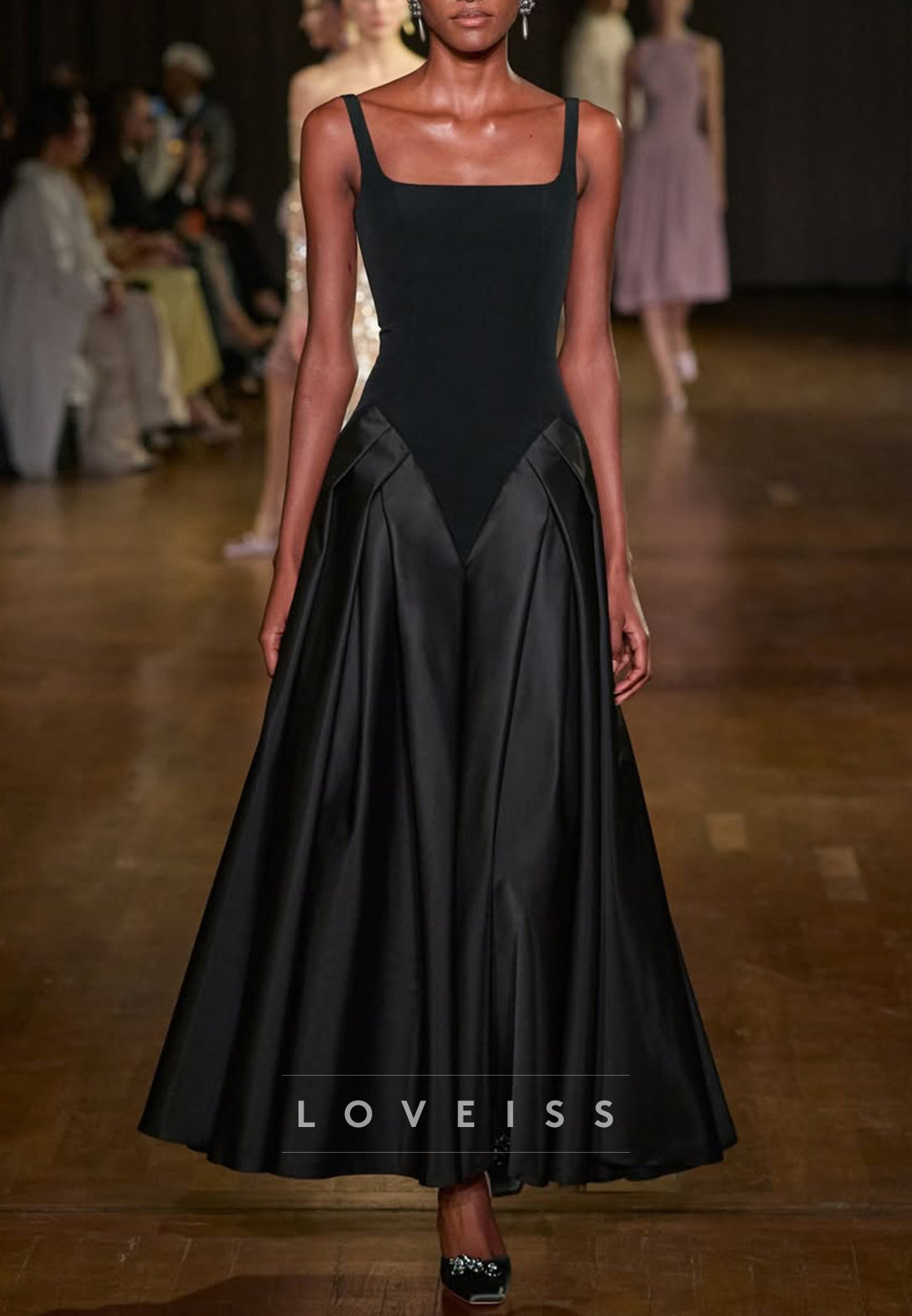 Square-Neck Sleeveless Gown with Pleated Satin Skirt