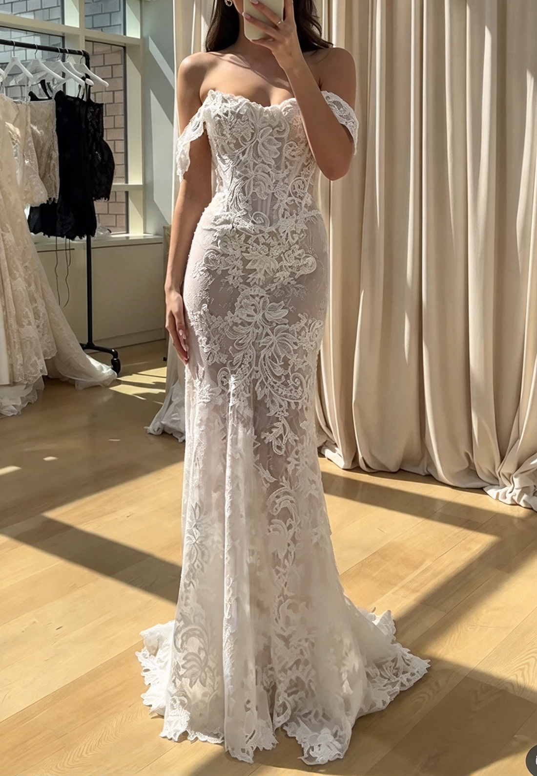 Off-the-Shoulder Lace Sheath Wedding Dress