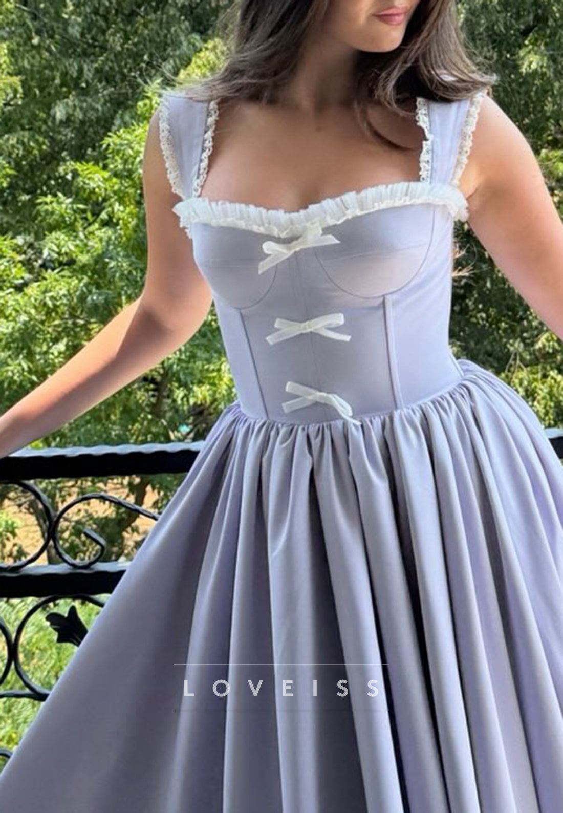 Corset Bodice Midi Dress with Ruffled Square Neckline