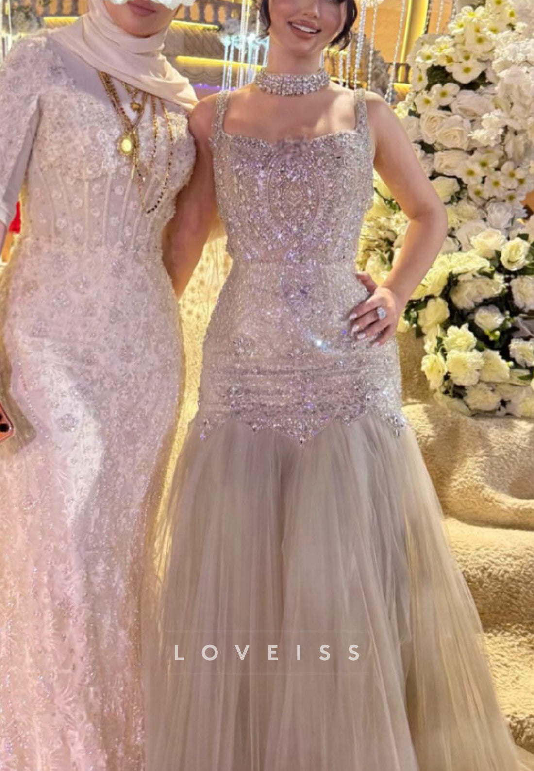 Beaded Mermaid Evening Gown with Pleated Tulle Skirt