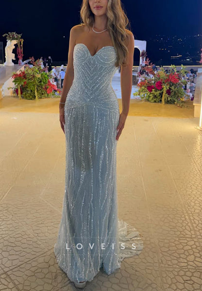 Strapless Beaded Sweetheart Column Evening Gown