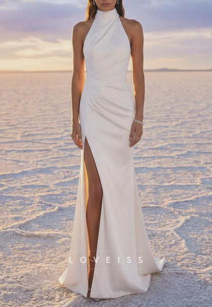 Halter High Neck Open Back Wedding Dress with Slit