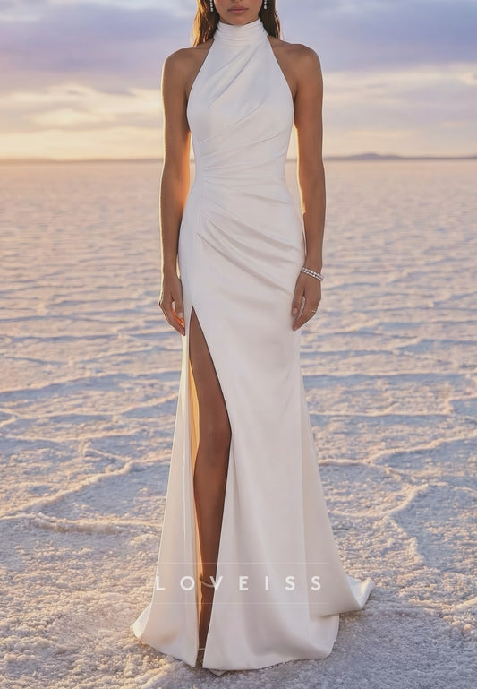 Halter High Neck Open Back Wedding Dress with Slit