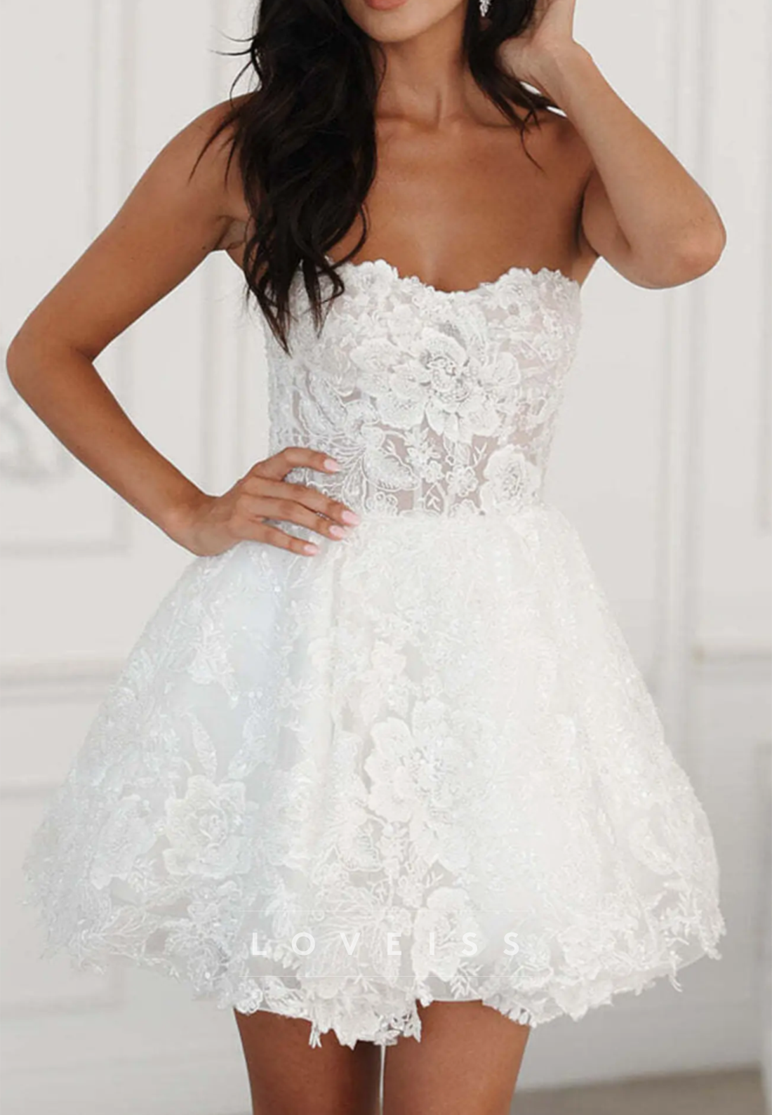 Strapless Lace Applique Mini Wedding Dress