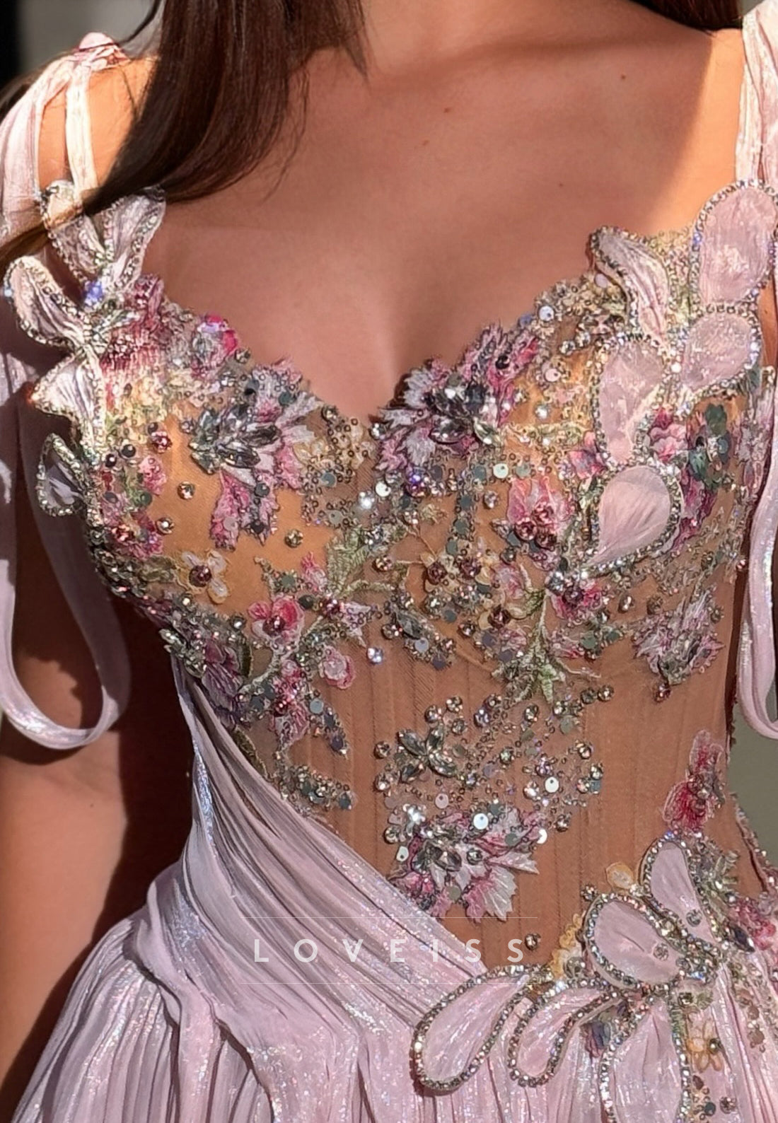 Pleated Chiffon A-Line Gown with Illusion Bodice