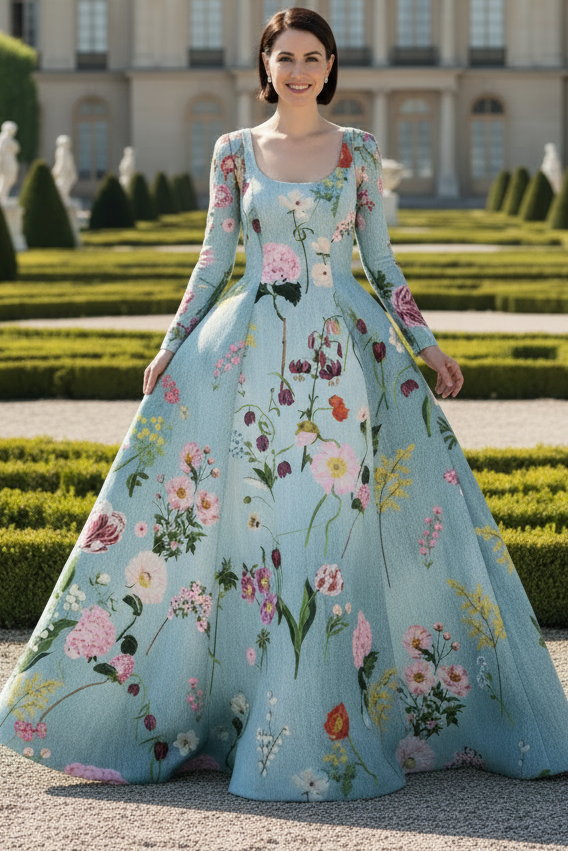 Floral Print Ball Gown with Scoop Neckline