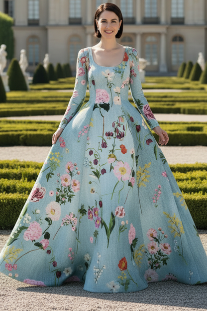 Floral Print Ball Gown with Scoop Neckline
