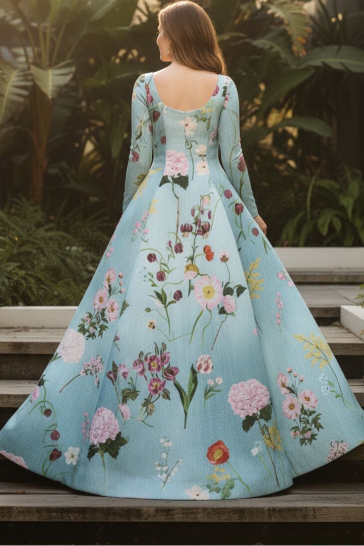 Floral Print Ball Gown with Scoop Neckline