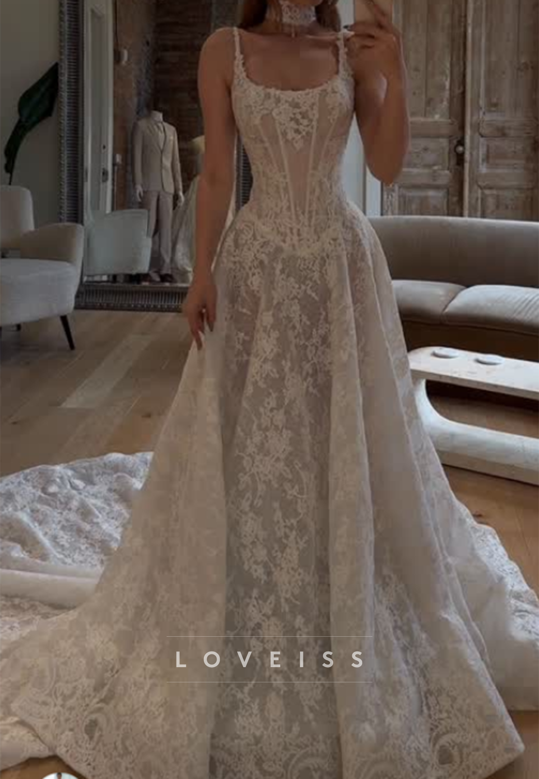 Lace Corset Bodice A-Line Wedding Dress with Train