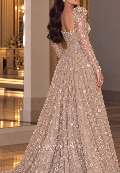 Embellished Square Neck Long Sleeve A-Line Gown