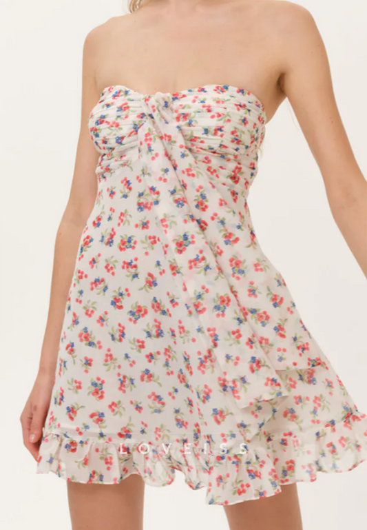 Strapless Floral Ruched Mini Dress with Open Back