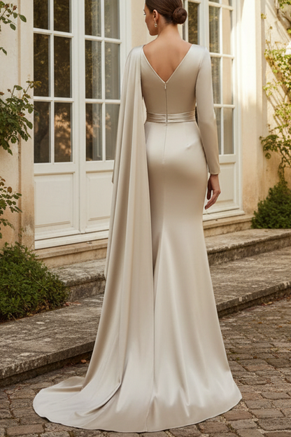 Asymmetrical V-Neck Satin Mermaid Gown with Cape