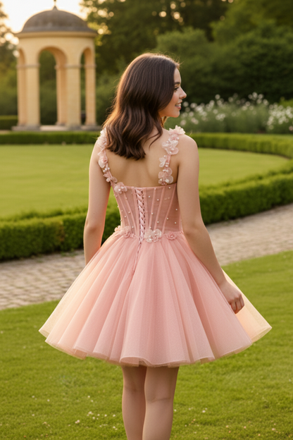 3D Floral Applique Corset Tulle Homecoming Dress