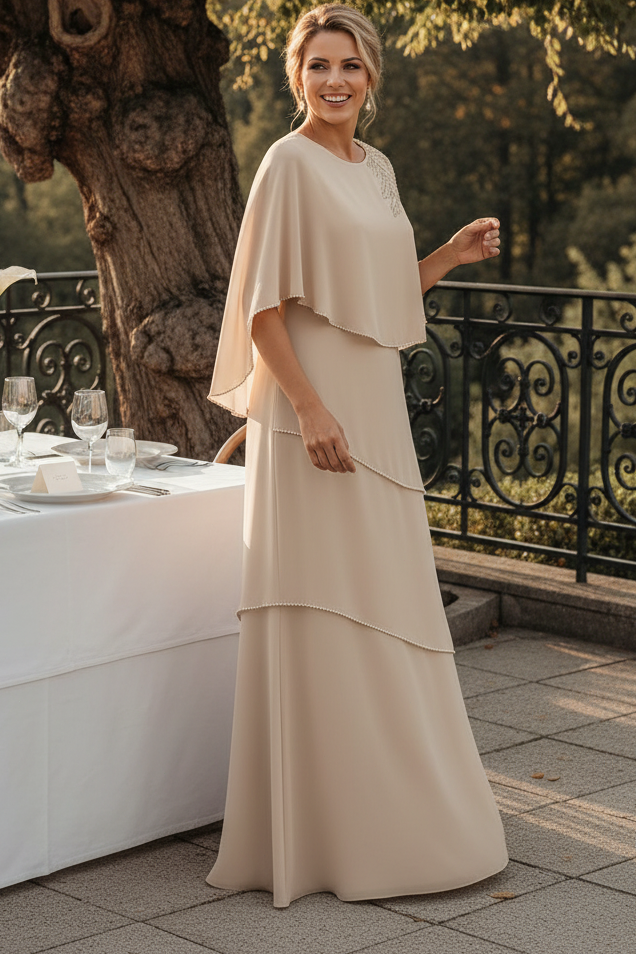 Embellished Capelet Tiered Maxi Gown