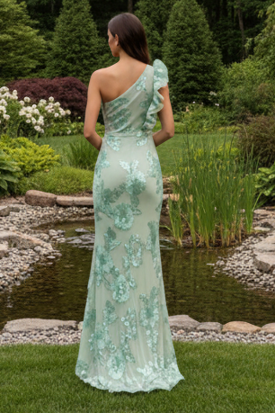 One Shoulder Ruffle Floral Sequin Mermaid Gown