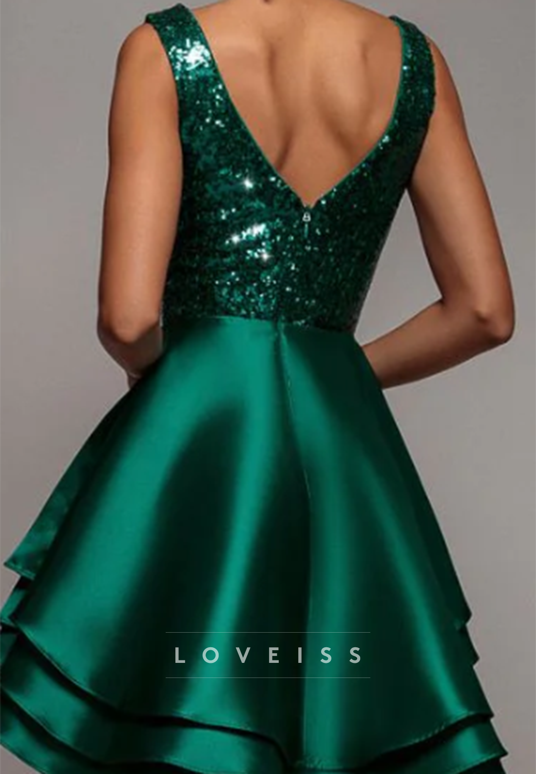 Sequin V-Neck Tiered High-Low Homecoming Dress