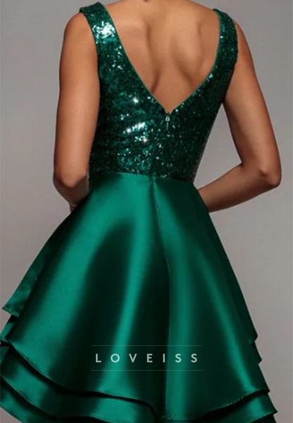 Sequin V-Neck Tiered High-Low Homecoming Dress