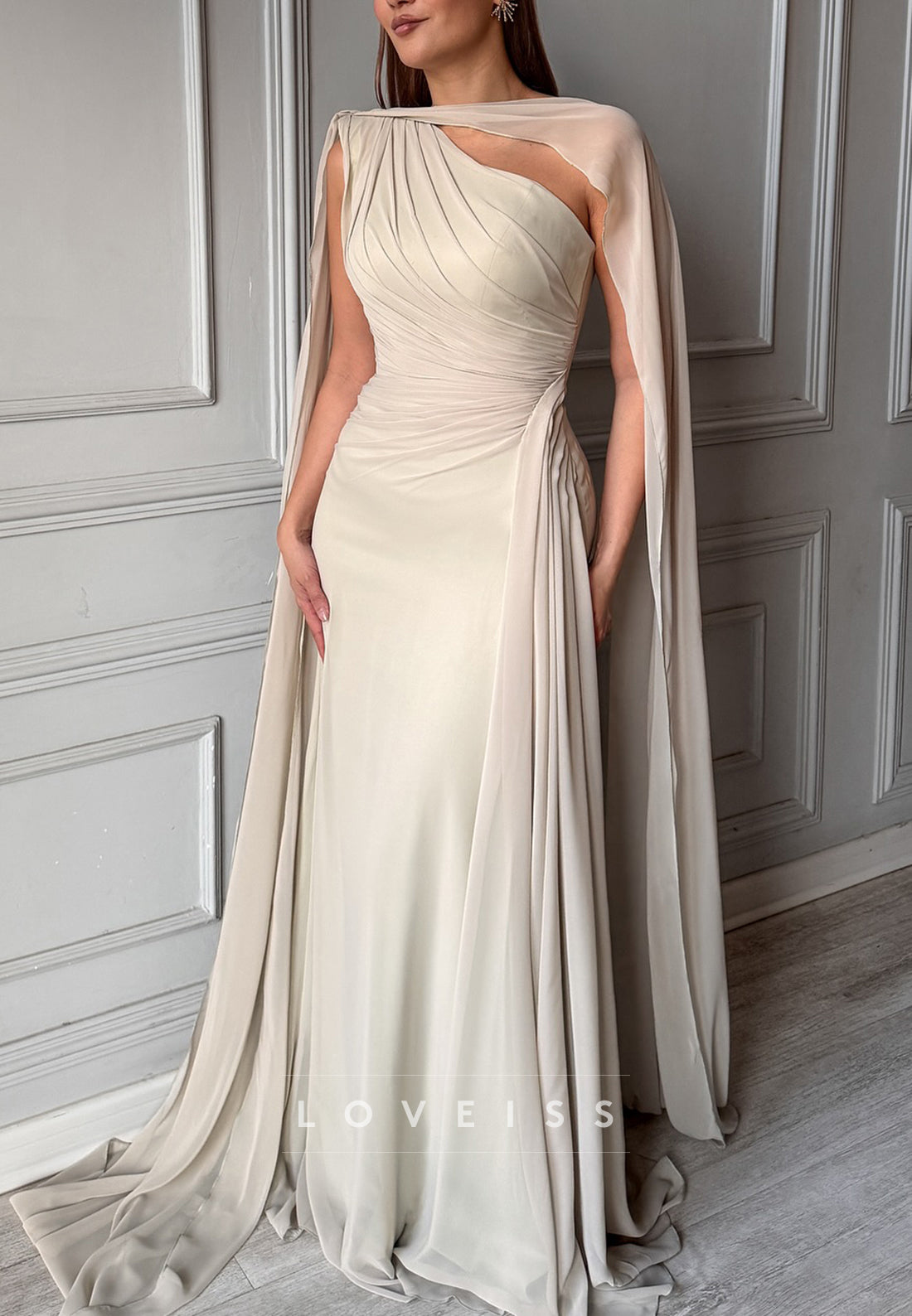 Asymmetric One-Shoulder Cape Evening Gown