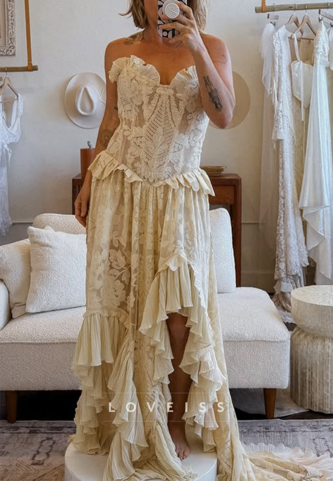 Lace Corset Wedding Dress with Ruffled Slit Skirt