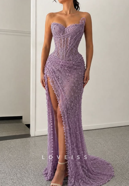 Strapless Lace Corset Evening Gown with High Slit