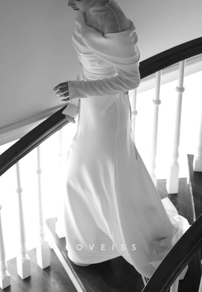 Ruched Off-Shoulder Wedding Dress with Lace Inset
