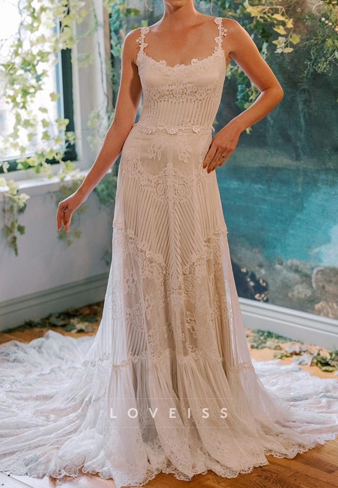 Pleated Lace Tiered Wedding Dress with Train