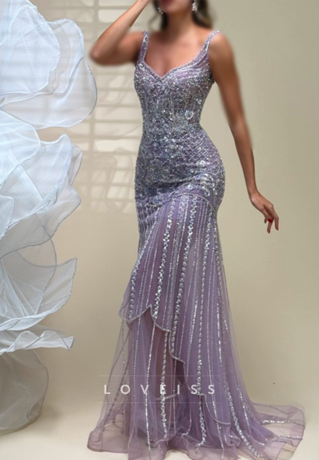 Sequined Beaded Mermaid Gown with Tiered Hem