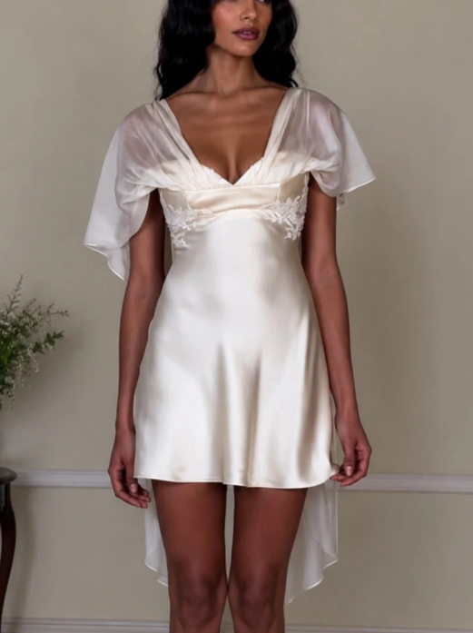Satin Mini Dress with Draped Chiffon Cape