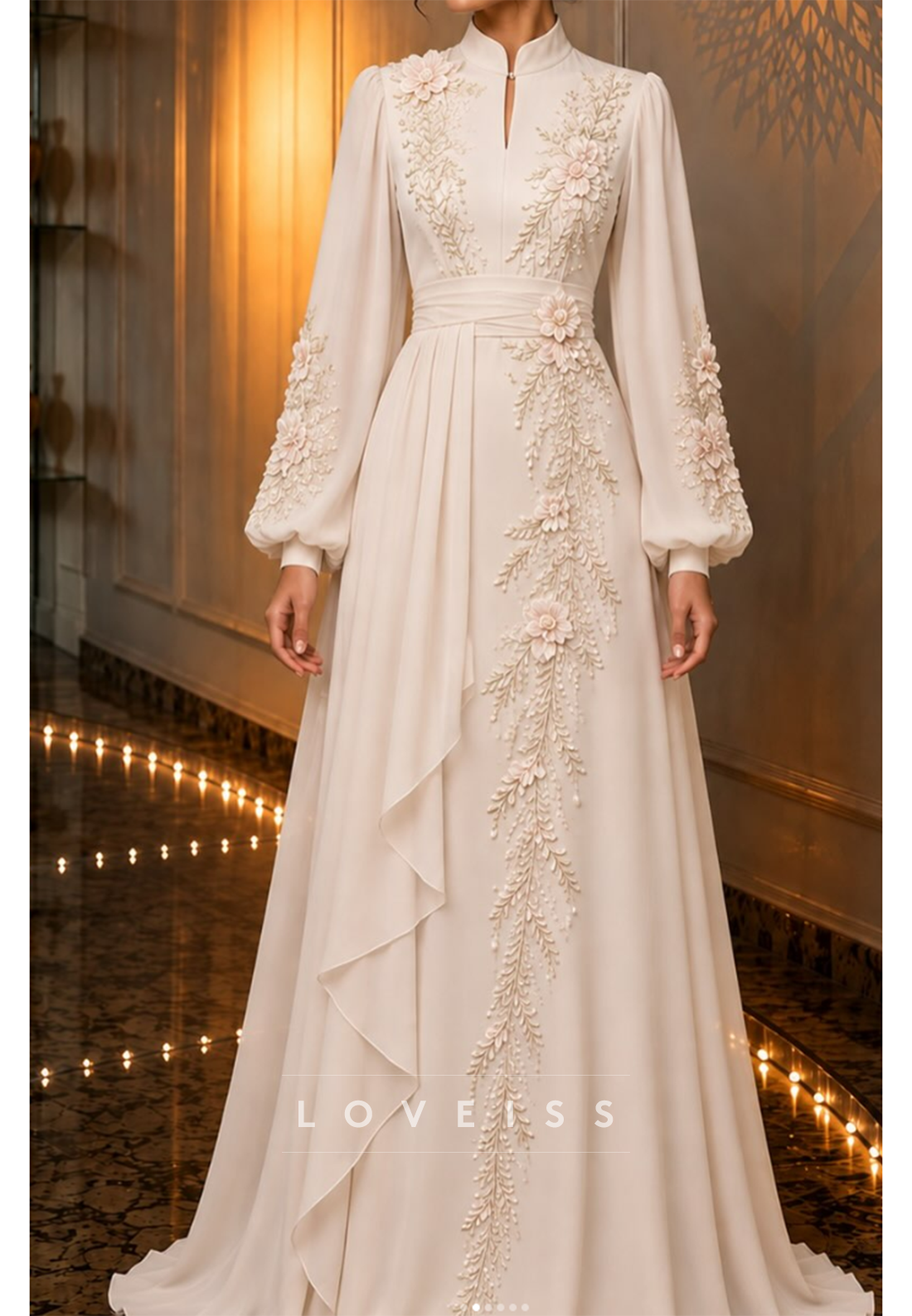 Floral Applique Long Sleeve Evening Gown