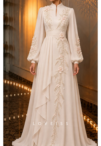 Floral Applique Long Sleeve Evening Gown