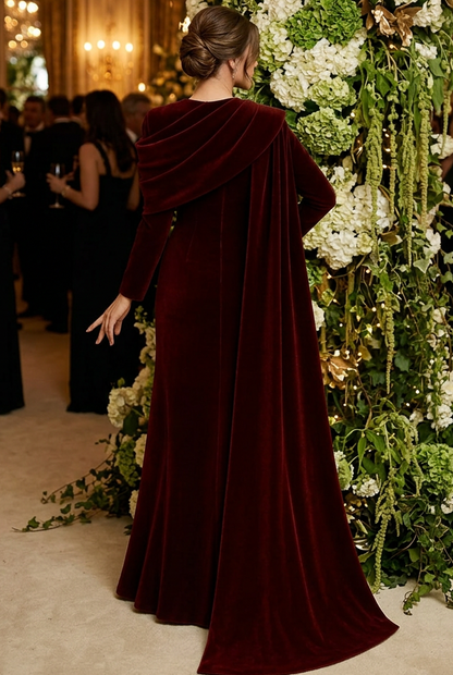 Velvet Gown with Draped Cape and Buttons