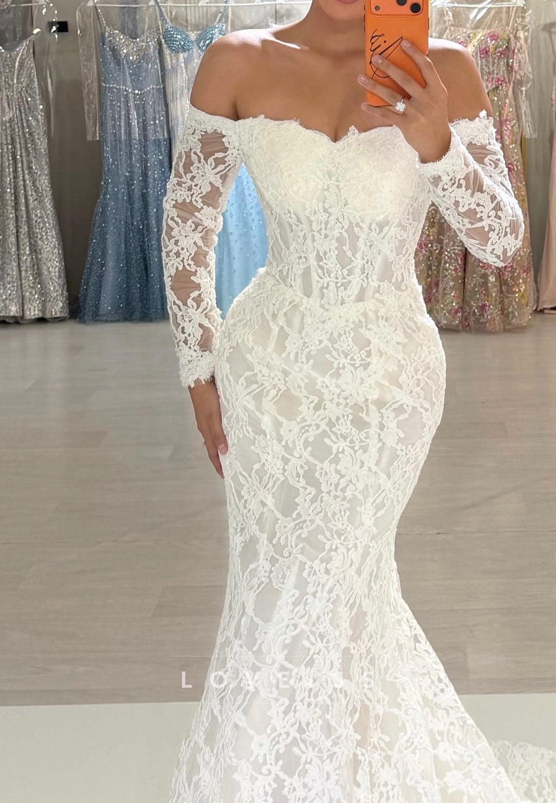 Off Shoulder Long Sleeve Lace Mermaid Wedding Dress