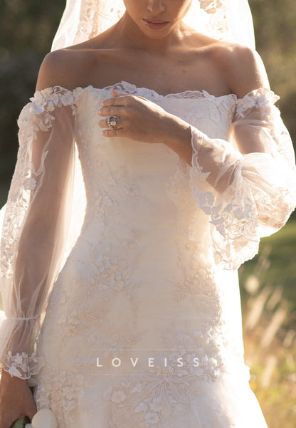 Off-the-Shoulder Lace Drop-Waist Wedding Dress
