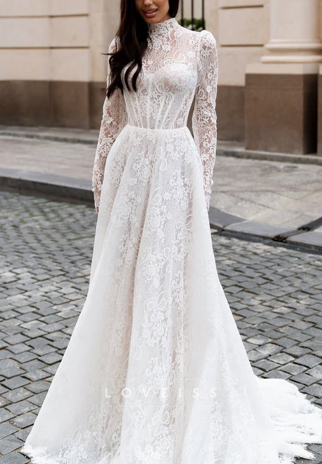 High Neck Long Sleeve A-Line Lace Wedding Dress