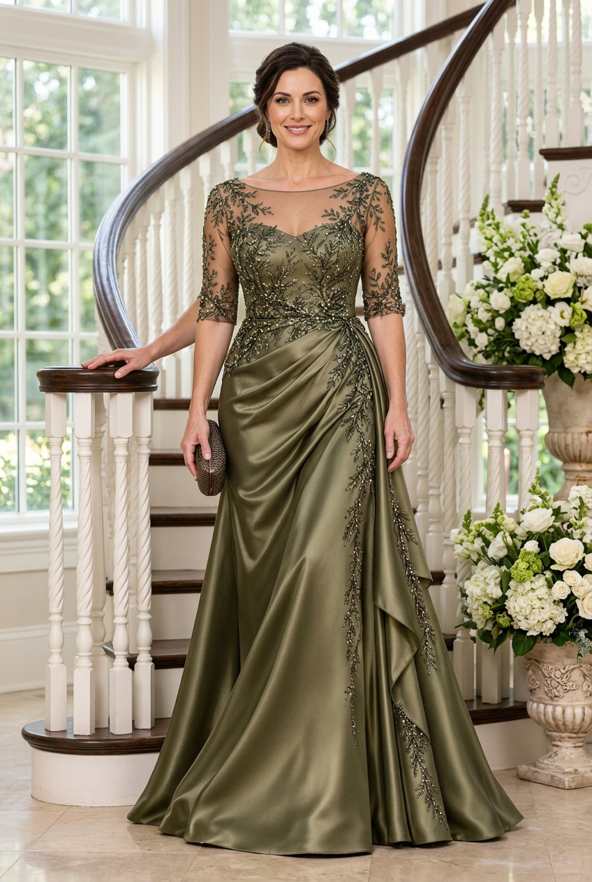 Embroidered Illusion Neckline Satin Gown
