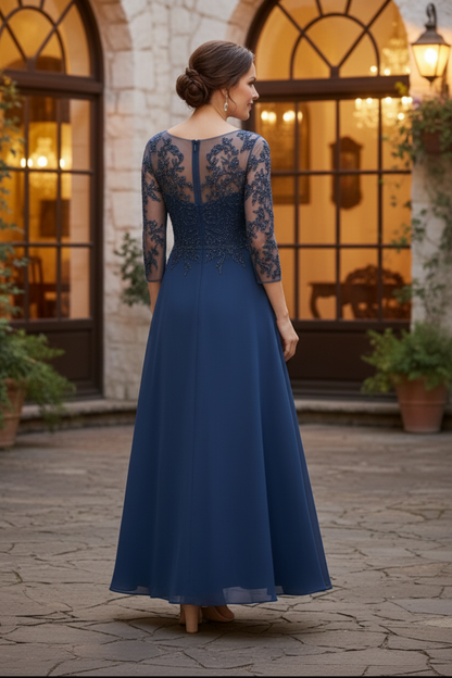 Illusion Neckline Beaded Tea-Length Chiffon Dress