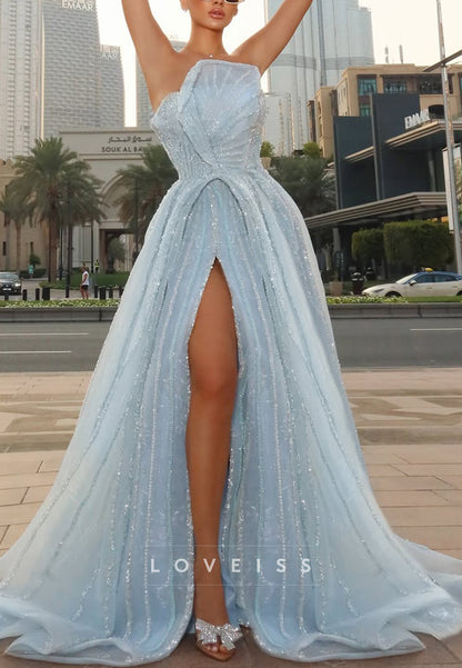 Strapless Asymmetric Gown with High Slit