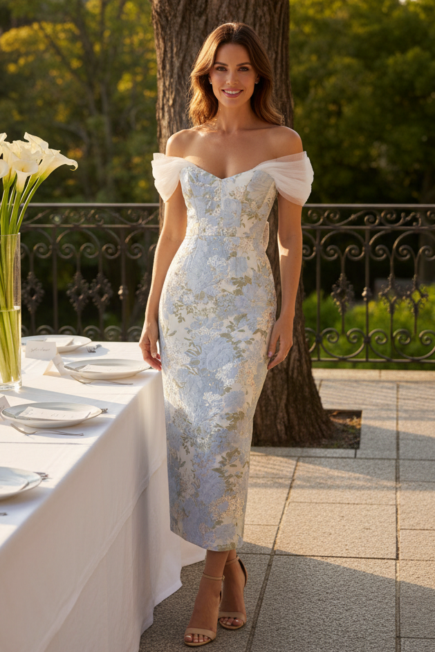 Floral Jacquard Off-Shoulder Midi Dress