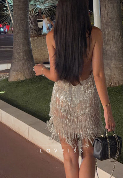 Sparkling Rhinestone Fringe Deep V Mini Dress
