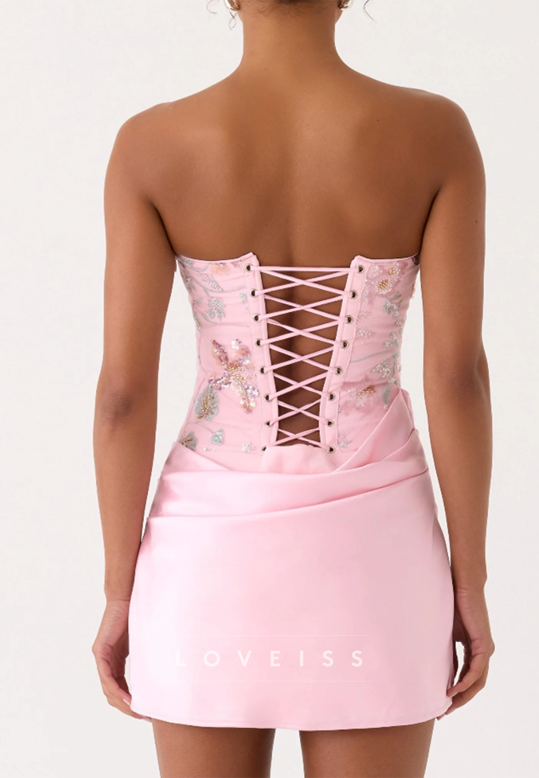 Strapless Embroidered Mini Dress with Lace-Up Corset Back